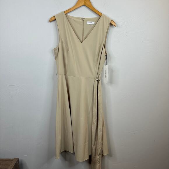 Calvin Klein Tan V-Neck Satin Finish Tie Waist Dress - Picture 2 of 8